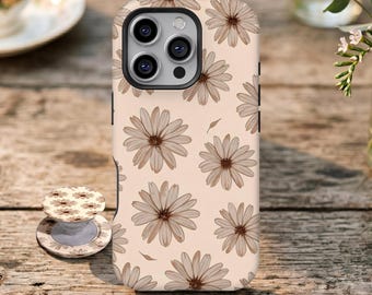 Golden Daisy Phone Case, Retro elegant light beige minimalist flowers, For iPhone 17 16 15 14 13 12 11 Pro Max, Samsung Galaxy S26 S25 Ultra