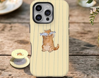 Funda para teléfono con diseño sencillo de gato y pez a rayas. Funda divertida y creativa para iPhone 17 16 15 14 13 12 11 Pro Max, Samsung Galaxy S26 S25 Ultra.