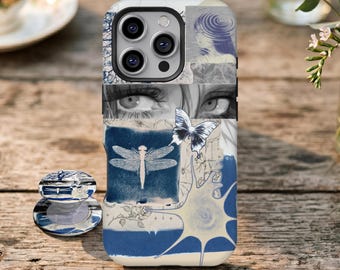 Funda para teléfono con collage de cianotipo azul, diseño estético de ojos y libélula, para iPhone 17 16 15 14 13 12 Pro Max, Samsung Galaxy S26 S25 S24 S23 Ultra