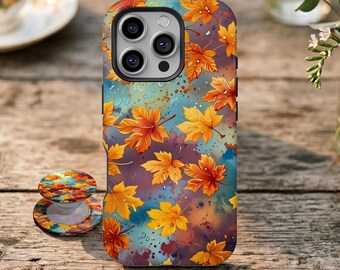Autumn Maple Leaf Raindrops Phone Case,Watercolor Fall Nature Botanical,For iPhone 17 16 15 14 13 12 11 Pro Max,Samsung Galaxy S26 S25 Ultra