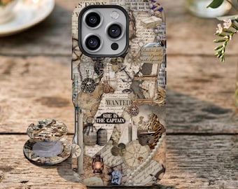 Funda para teléfono con diseño de álbum de recortes pirata, estilo retro, color marrón, de Potter, funda genial para iPhone 17 16 15 14 13 12 11 Pro Max, Samsung Galaxy S26 S25 S24 Ultra