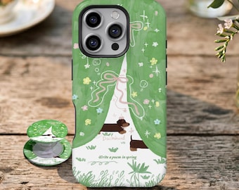 Funda para teléfono con diseño de perro adorable pintado al óleo, estilo cottagecore, color verde, para iPhone 17 16 15 14 13 12 11 Pro Max, Samsung Galaxy S26 S25 S24 S23 Ultra