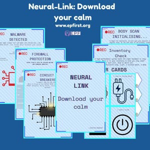 以下が含まれることがあります： 「Neural-Link: Download your calm」を含む、白文字とグラフィックの青いカードのコレクション。 他のカードには「Malware Detected」や「Firewall Protection」などのテキストが表示されます。 画像は青色の背景です。