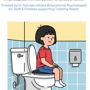 May include: Illustration of a child sitting on a white toilet in a bathroom. The child wears a red shirt and blue shorts. The bathroom has blue tile and a paper towel dispenser. Text at the top reads "KS1 Toileting Success: Social Story & Sensory Audit Pack."