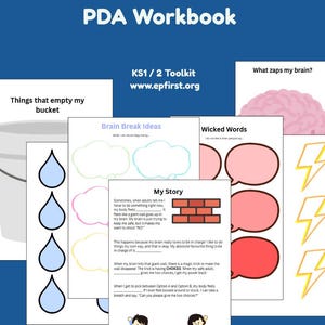 May include: A workbook titled "PDA Workbook" with the text "KS1 / 2 Toolkit" and "www.epfirst.org". The pages feature illustrations of a bucket, water drops, brain, lightning bolts, and speech bubbles with text.