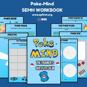 Peut inclure: Un cahier bleu intitulé "Poke-Mind SEMH WORKBOOK" avec diverses pages d'activités. La couverture présente le texte "Poke-Mind" en jaune et bleu, avec un graphique Pokeball. D'autres pages incluent "Poke Deck" et "Poke Peace".