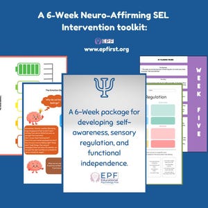 May include: Educational resources featuring the text "A 6-Week Neuro-Affirming SEL Intervention toolkit:" and "A 6-Week package for developing self-awareness, sensory regulation, and functional independence." The image shows colourful worksheets and a purple binder.
