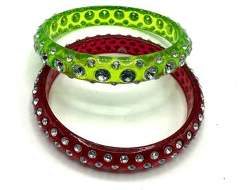 Vintage Rhinestone Lucite Bangle Bracelets: Red & Green Pair