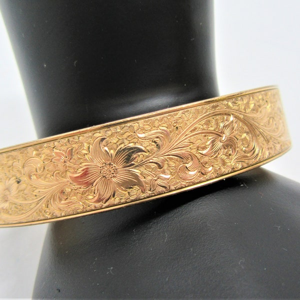 Art Deco Gold Bangle, 10K Gold Filled, Victorian Style,  Hinged Bracelet, Embossed Flowers, Signed Dunn Bros, Gift For Her