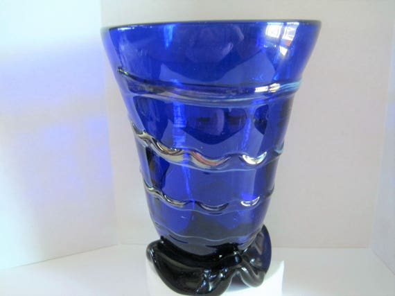 Mid Century Vase, Cobalt Art Glass, Hand Blown with Pontil, Fused Glass Clear Swirls, Cobalt Collectible