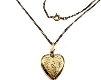 Art Deco Gold Filled Heart Locket and Chain, Initial S on Front, Embellished Photo Heart Locket,  12K Gold Filled Chain