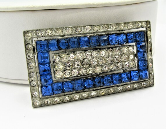 40s Art Deco Brooch, Blue And Clear Rhinestones, … - image 5