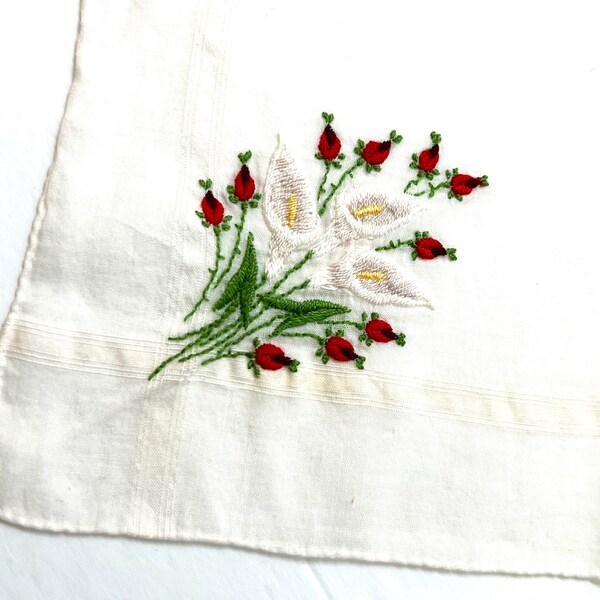 Embroidered Hankie, Lily and Rose Decor, Vintage Handkerchief, Gift for Her