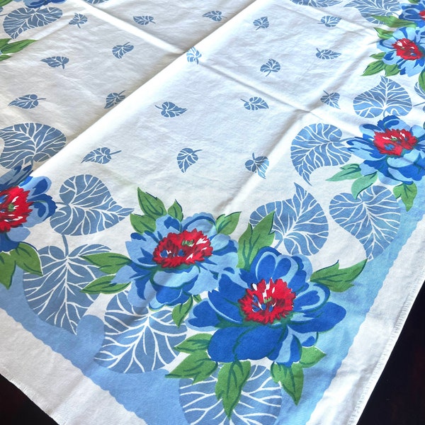 50's Red White Blue Flower Table Topper, All Cotton,  34 Inch Square, Vintage Tablecloth