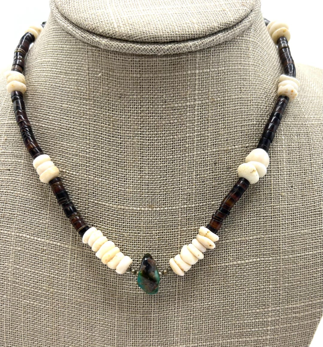 Heishi and Puka Shell Necklace, Turquoise Nugget Pendant, Puka Shell ...