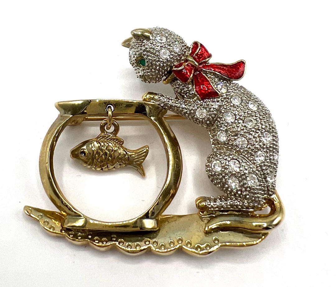 Kitty Cat Pin, Cat Watching Fish in Bowl, Rhinestones Encrusted, Red