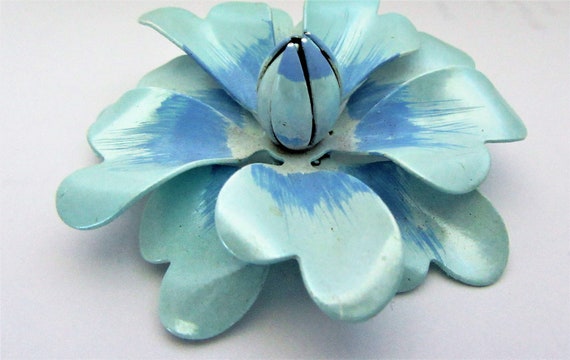 Blue Enamel Flower Brooch,  3D Floral Pin, Two To… - image 2