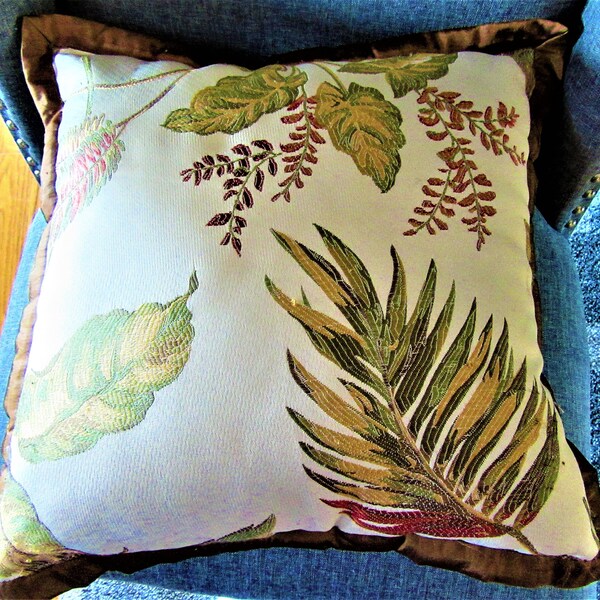 Tropical Pillow, Hawaiian Leaf Pattern, 18 Inch Square, Button Back, Vintge LUXE Label