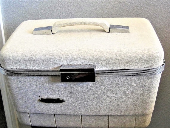 Mid Century Train Case, White Luggage, Travel Display Case, Wedding