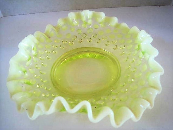 Hobnail Opalescent Dish, Fenton Topaz Yellow Glass, Ruffled Nut Dish, Bon Bon Candy,