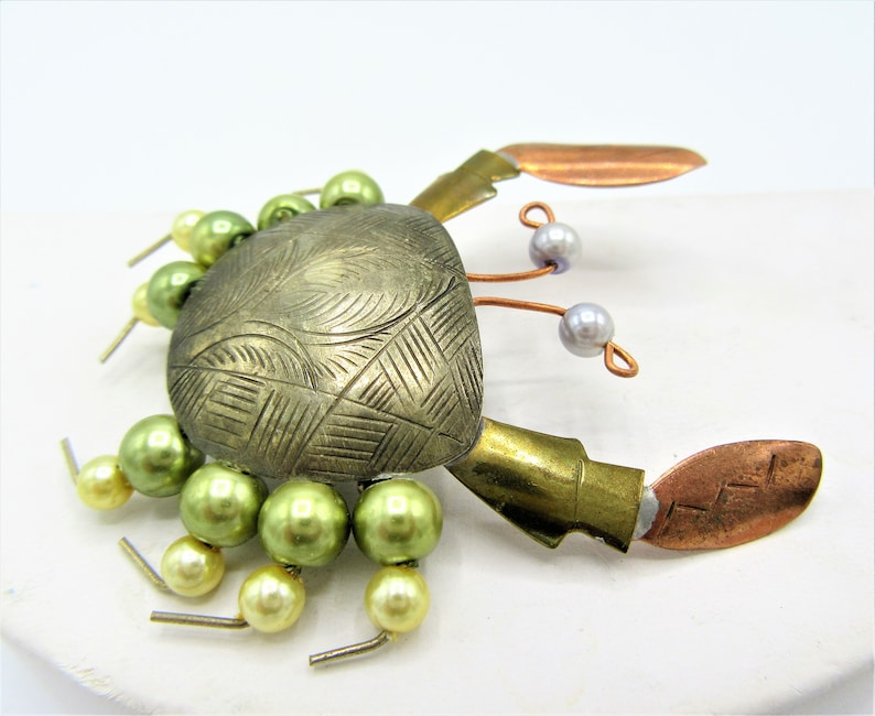 Mixed Metal Artisan Made Vintage Crab Brooch Faux Pearls Vintage Detailed Figural