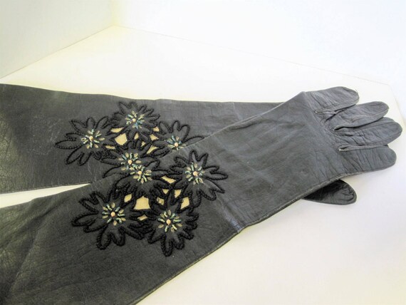 Black Cutwork Leather Gloves, Made in France, French Kid Leather, Vintage Size 7, Special Occasion.