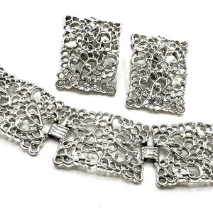 Vintage Silver Tone Filigree Bracelet & Clip-on Earrings Set