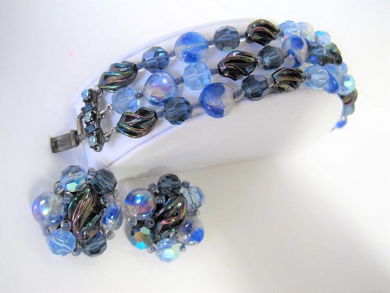 Blue Art Glass Bracelet Earrings, Art Glass Lampwork, Rhinestones Clasp, Triple Strand