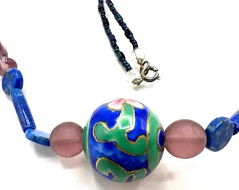 Glass and Lapis Bead Necklace, Cloisonne Bead Center, Pink Glass Highlights, 26 Inches with Silver Tone Clasp