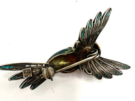 Vintage Vermeil Hummingbird Brooch, Enamel 800 79… - image 8