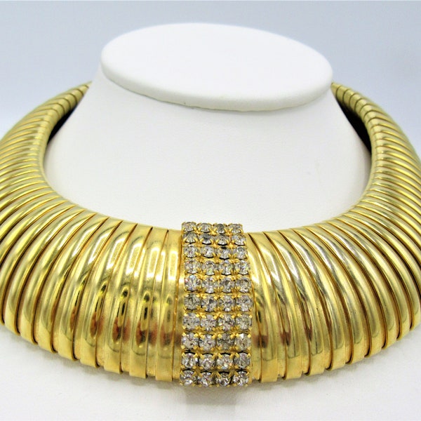 Wide Gold Choker, Rhinestone Center,  Massive Thick Collar, Statement Necklace