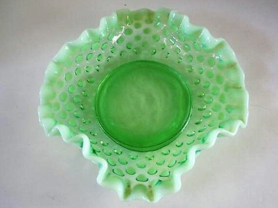 Hobnail Opalescent Dish, Fenton Green Glass, Ruffled Nut Dish, Bon Bon Candy,