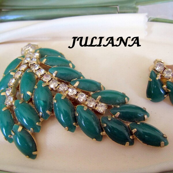 Vintage Juliana Green Rhinestone Brooch Earrings