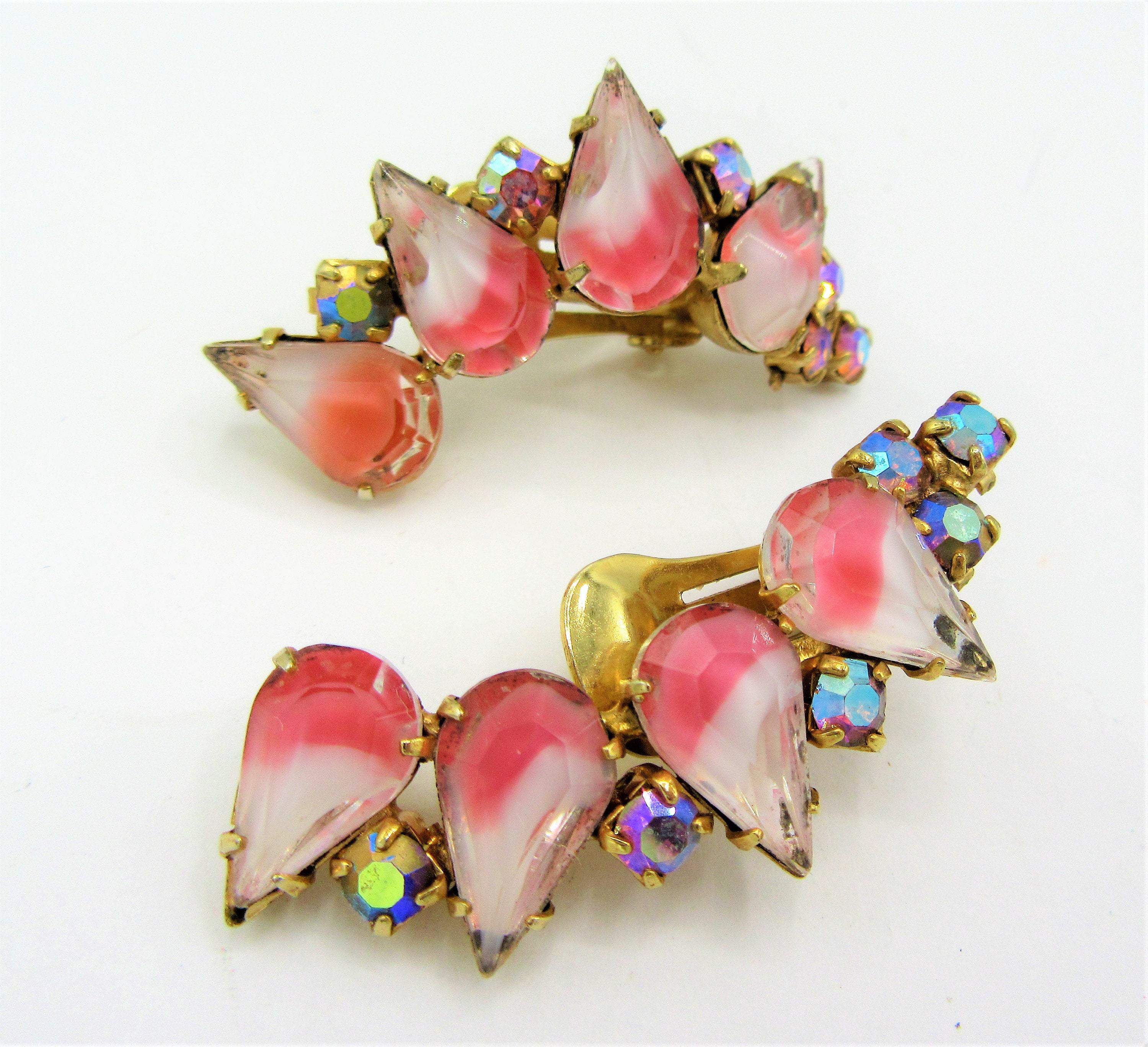 Vintage Pink & White Twisted Givre Glass 14ct Rolled Gold Earrings 