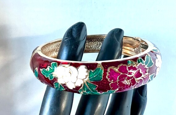 Vintage Enamel Bracelet, Garnet Red, White and Pi… - image 3