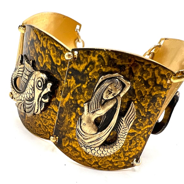Vintage Eloxal Sea Bracelet, Mermaid and Fish, Wide Panel Bracelet, Aluminum Weight, Tortoiseshell and Gold Color