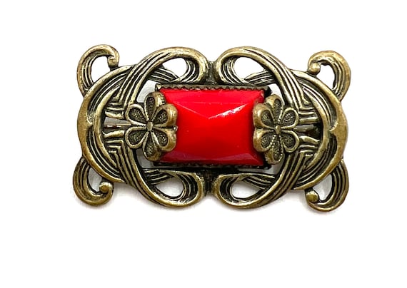 Art Deco Brooch, Red Glass Center, 1 1/2 Inch Gol… - image 1