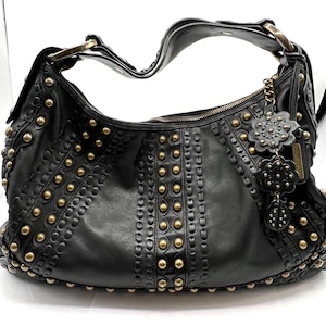 Isabella Fiore Purse, Black Hobo, Brass Studs and Hardware