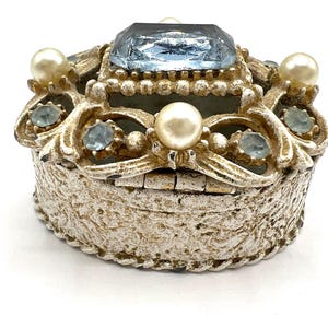 Vintage FLORENZA Jeweled Trinket Box: Blue Glass & Faux Pearls