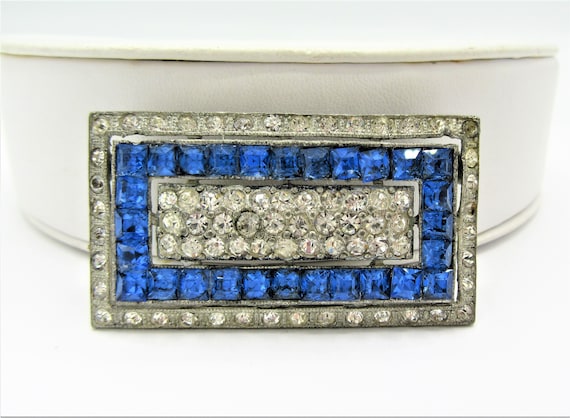 40s Art Deco Brooch, Blue And Clear Rhinestones, … - image 3