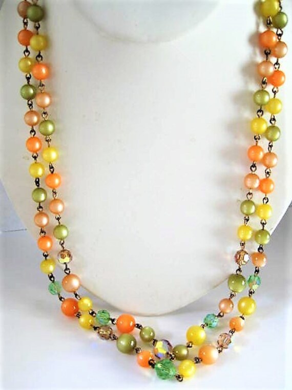 Orange Yellow Necklace Earrings, Green Topaz Crystals, 2 Strands, Vintage Glass Crystal Beads, Decorative Clasp