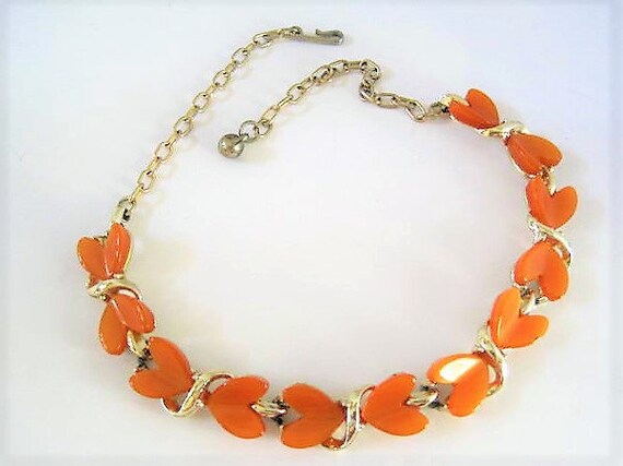 Orange Lucite Necklace, Unsigned Heart Choker, Orange Lucite Thermoset, Mid Century Choker