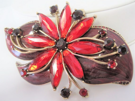 Poinsettia Enamel Brooch, Christmas Red, Large Rhinestone Pin