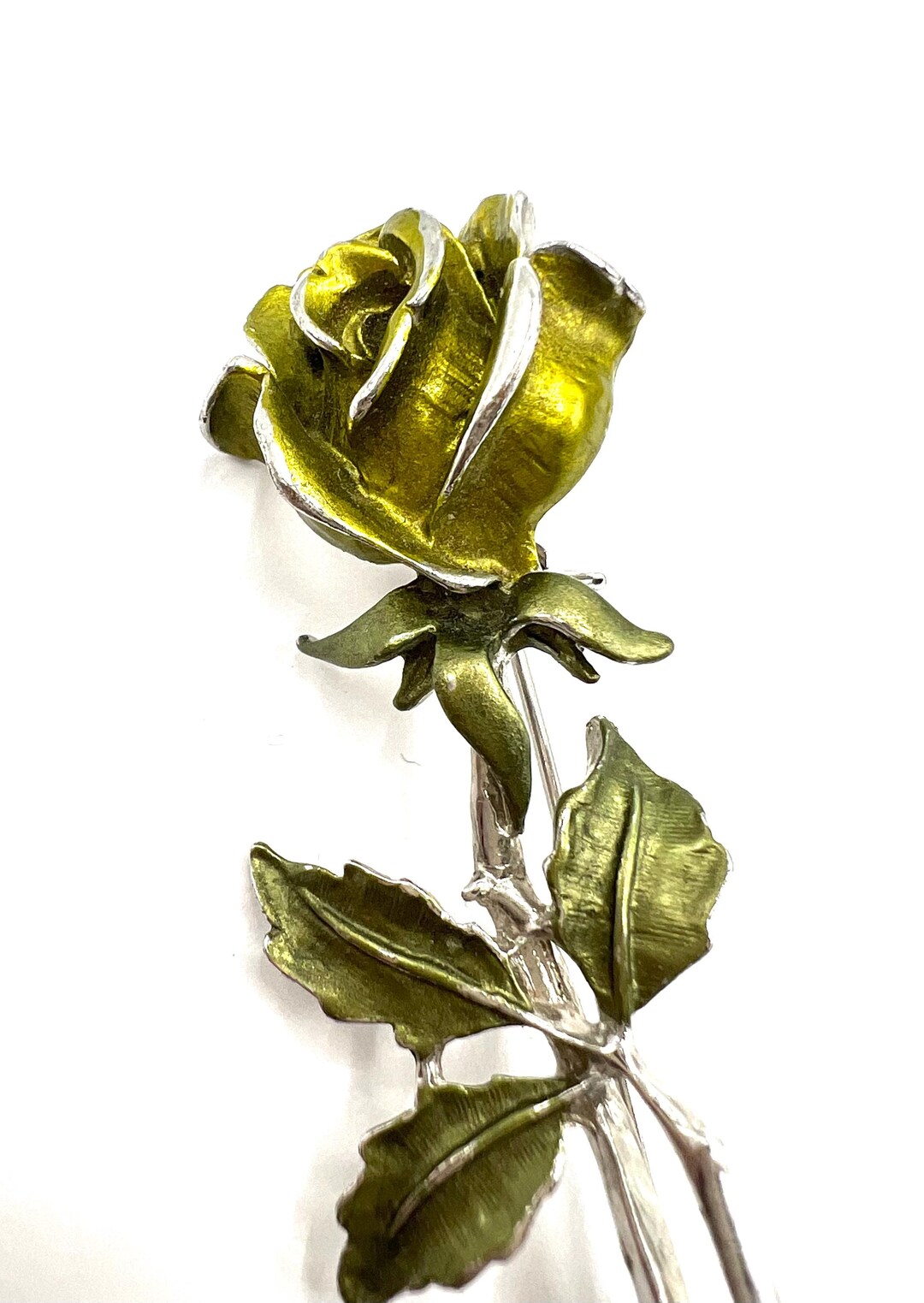Single Rose Pin Vintage Green Enamel Rose Pin, Single Opening Rose, 3 Inch Long Silver ...