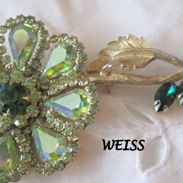 Vintage Weiss Green AB Rhinestone Flower Brooch