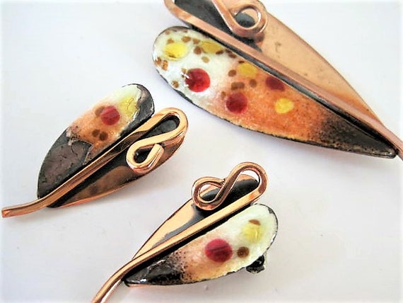 Matisse Renoir Brooch Set, Brooch Earrings, Yellow Enamel on Copper, Tahiti Leaf Pattern, Demi Parure