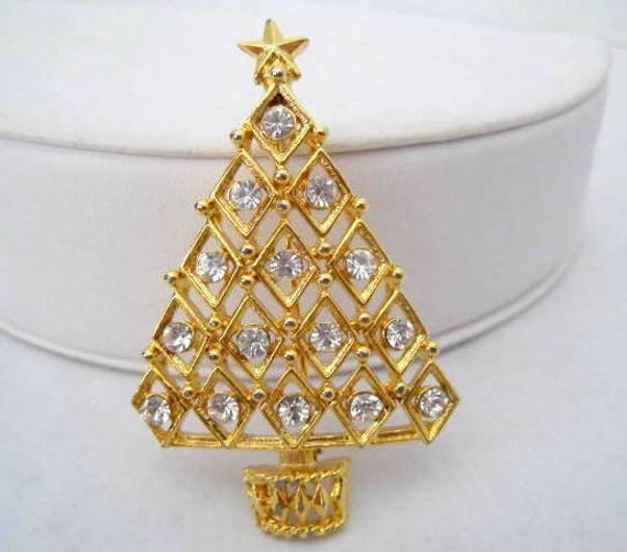 Christmas Tree Brooch, vintage Clear Rhinestones, Quality Christmas Pin