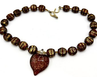 Vintage Murano Glass Heart Pendant Necklace: Italian Red & Gold Beads