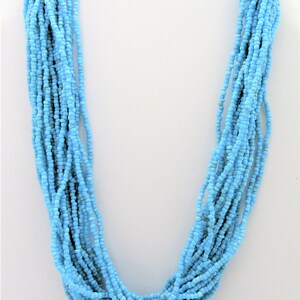 Turquoise Bead Necklace, Multi Strand Glass Seed Beads, 20 Strand Torsade,  19 Inches Blue Glass Beads, Beaded Clasp