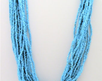 Turquoise Bead Necklace, Multi Strand Glass Seed Beads, 20 Strand Torsade,  19 Inches Blue Glass Beads, Beaded Clasp